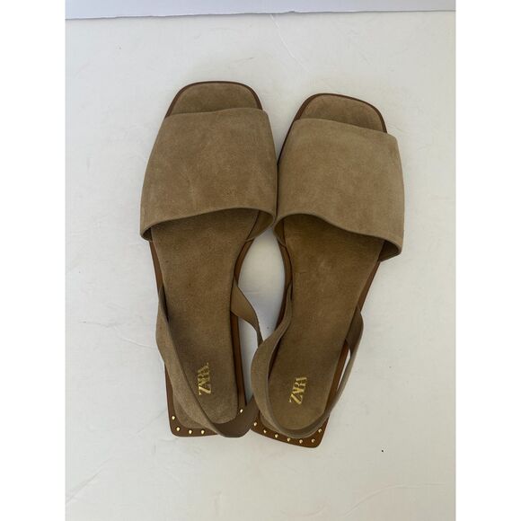 Zara Flat Leather Sandals With Heel Strap Sandy Brown Size 39/8.5 - Picture 4 of 8